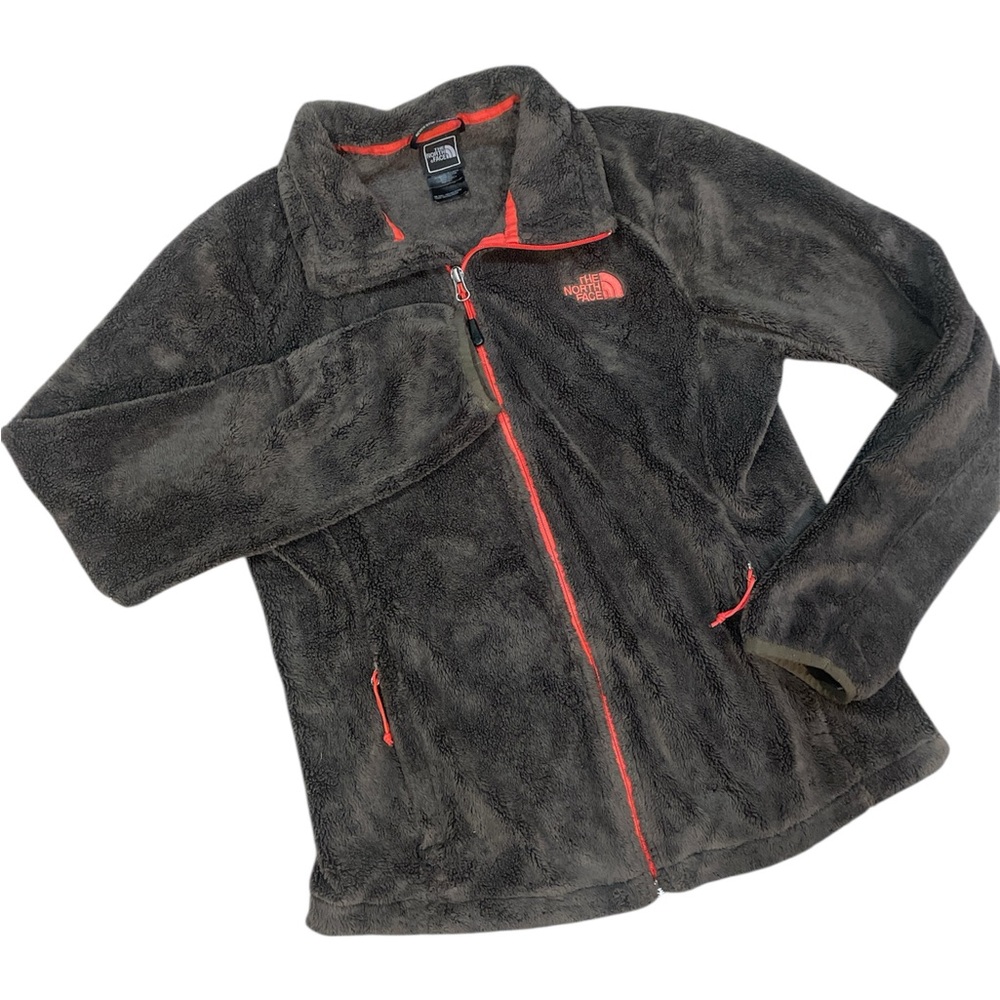 Women’s North Face Osito Fuzzy Fleece Zip Up Dark Grey with Coral Accents M